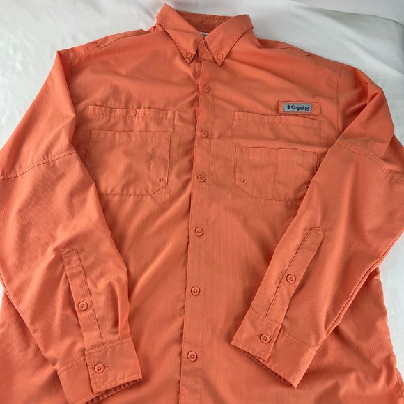 Columbia PFG Shirt Men L Orange Button Down Omni Shade Outdoors Fishing Camp - Picture 10 of 13